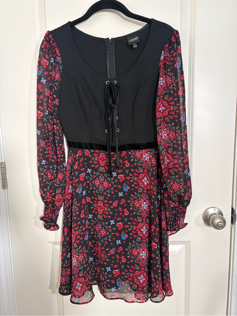 Disney Black Floral Lace-Up Fit & Flare Dress with Red and Blue Accents